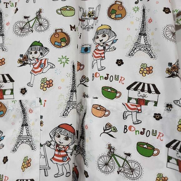 Dora Nickelodeon Scrub Top Size Xs French Paris Bike Eiffel Tower Coffee Cafe - Picture 3 of 6